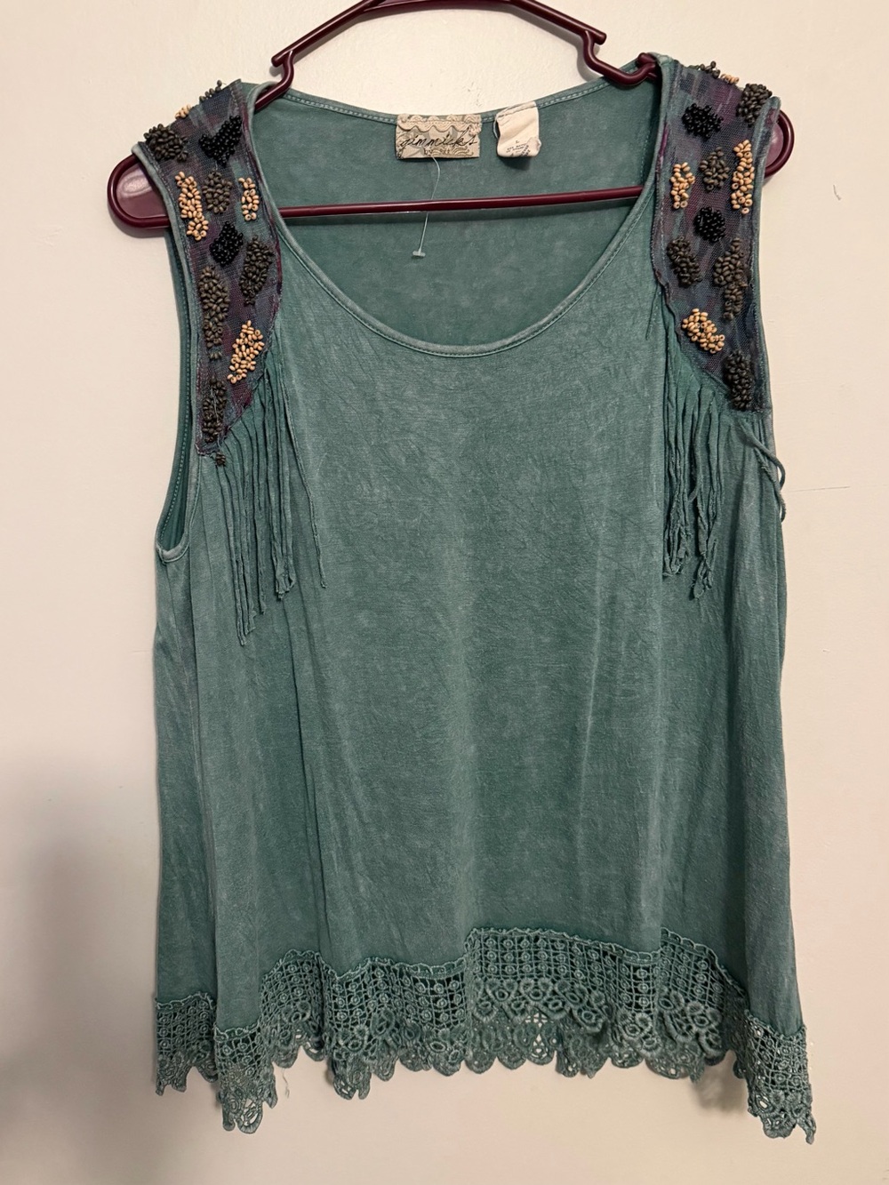 BKE Teal Embellished Fringe Crochet-Hem Tank